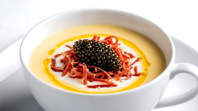 Haute cuisine. Spanish crema de coliflor asada con caviar (roasted cauliflower cream with caviar), a velvety soup, a quenelle of Ossetra caviar, chiffonade of Iberico ham