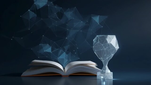 Futuristic digital network book with geometric hourglass on dark background