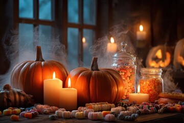 Obraz premium Halloween celebration with glowing pumpkins, colorful candies, and flickering candles creating a festive atmosphere indoors