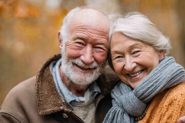Celebrating National Senior Citizen Day with joyful elderly couple embracing in a natural setting surrounded by autumn leaves