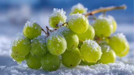 Close-up of green grapes dusted with frosty snow, lying on a bed of fresh winter snow under a bright sky