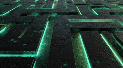 Abstract futuristic design with green glowing lines and dark textured surface