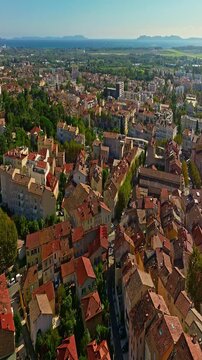  Aerial view of ancient streets and houses of the historic center of the city of Hyeres in the Var department on the azure coast