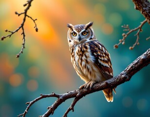 Fototapeta premium Majestic Owl Perched Gnarled Branch Sunset Glow