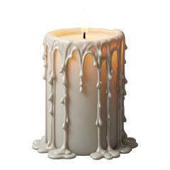 Elegant thick white pillar candle burning brightly with dramatically melted wax drips against black