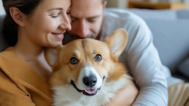 Caucasian couple with corgi relaxing on sofa in cozy home setting