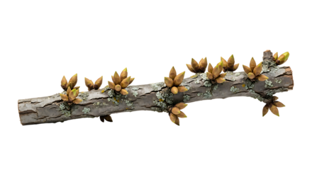 A realistic branch with budding flowers and lichen growth on transparent background.