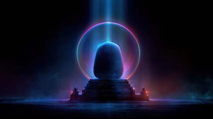 Abstract illustration of a futuristic object with neon glow and energy beam