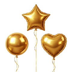 Collection of shiny gold foil balloons in sphere star and heart shapes isolated on black
