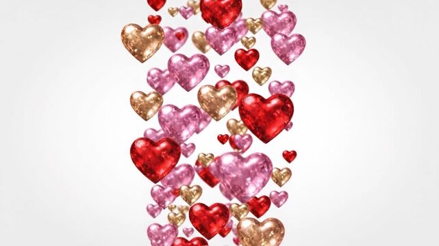 A cascade of shimmering hearts in red, pink, and gold floats upwards
