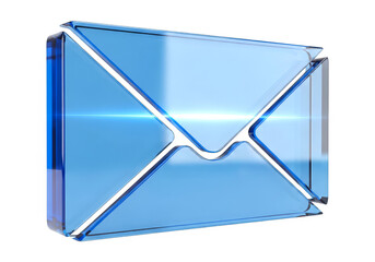 A highly detailed, close up view of a shiny blue glass envelope with metallic lines, isolated on a pure white/Transparent background for design and communication concepts