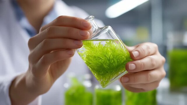 Female scientist examining algae in laboratory flask for environmental research