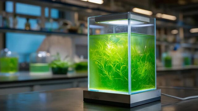 Green algae bioreactor in modern laboratory setting with advanced lighting system