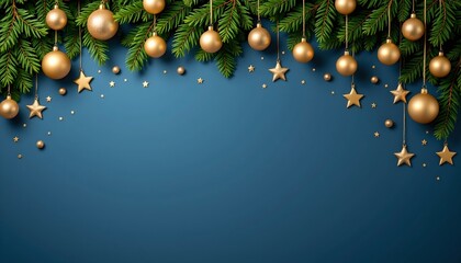 Elegant Holiday Foliage and Gold Ornaments Against Blue Background