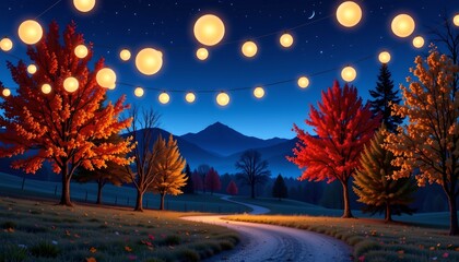 Enchanted Autumn Night Path with Floating Lights