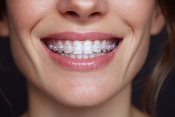Obraz premium Woman smiling with clear orthodontic aligners in a close-up shot during dental treatment session