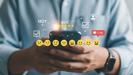 Customer Satisfaction Survey Hand using phone with rating stars, emojis, and likes