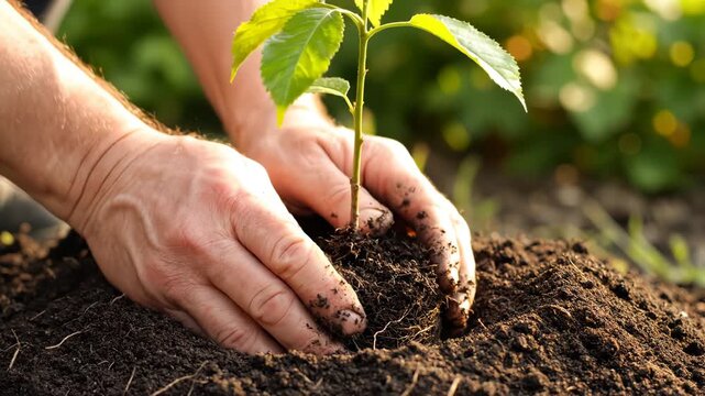 Hands planting a sapling