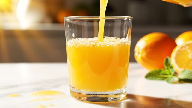 Orange juice pouring into glass with fruit