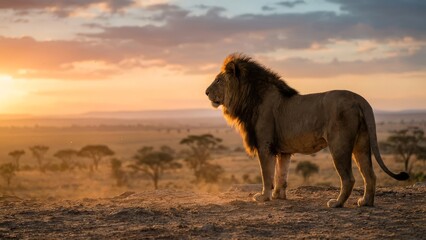 Majestic Lion Surveys Golden African Savanna at Sunset.