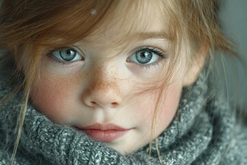 Cute little Caucasian girl with bright blue eyes and freckles wearing a cozy gray sweater capturing a serene moment