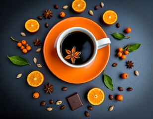 Obraz premium Cozy Coffee Scene with Spiced Fruits and Warm Lighting