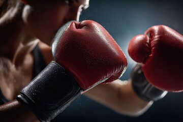 Woman boxer delivering a powerful punch during sparring session at a training facility in the evening to improve skills and strength