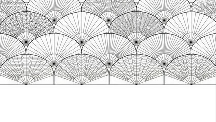Seamless Art Deco Fan Pattern Black and White Graphic Design.