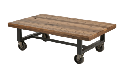 Industrial chic coffee table with wheels and reclaimed wood top isolated on white background