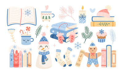 Pastel winter books clipart set, Trendy Christmas bookish aesthetic, Book lover gifts, Cozy reading, Bookstore Holiday Graphic, Seasonal vector illustration.