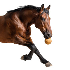 Obraz premium PNG of A vigorous bay horse playfully carrying a ball in its mouth, showcasing lively energy.