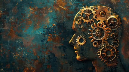 Abstract conceptual art for world logic day featuring mechanical gears and human head. Horizontal banner. Copy space. Creativity and Knowledge. World Philosophy Day