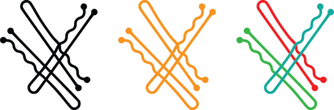 Minimalist icon set of three intertwined bobby pins in black, orange, and colorful variation vector set