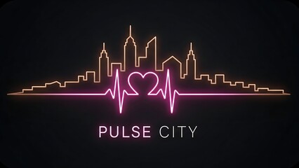 Obraz premium Neon city skyline with heart rhythm.