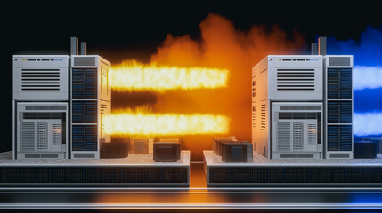 An artistic display of a data center, highlighting the flow of energy with fiery and icy visuals. The scene captures the essence of technology with heat and cold effects.