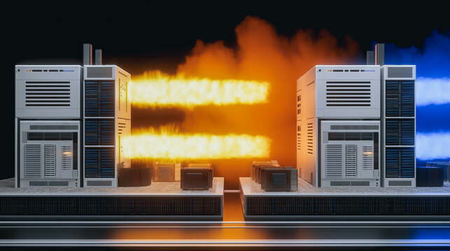 An artistic display of a data center, highlighting the flow of energy with fiery and icy visuals. The scene captures the essence of technology with heat and cold effects. - Powered by Adobe