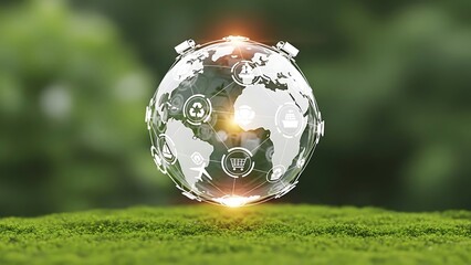 Digital Earth with Eco-Friendly Icons and Global Connectivity on Green Background