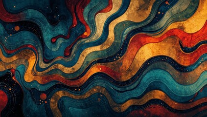 A vibrant, textured abstract background featuring flowing, wavy lines in rich hues of teal, gold, red, and deep blue.