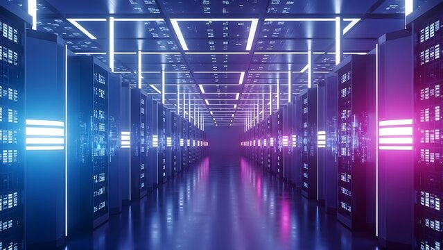 Futuristic data center corridor with neon illumination - Powered by Adobe