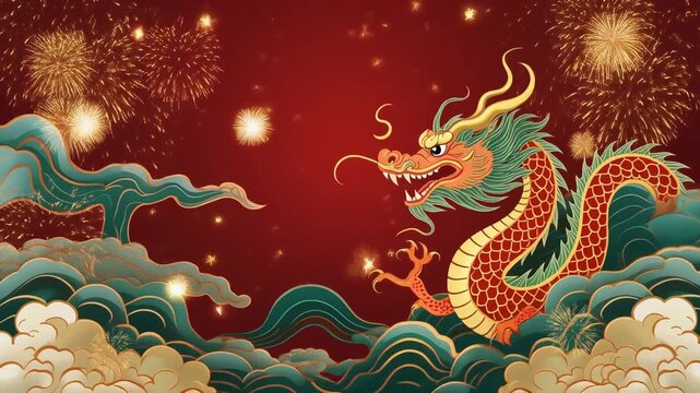 A vibrant Chinese dragon with fireworks and traditional clouds on a festive red background, celebrating cultural heritage.