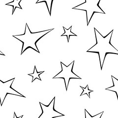 Fototapeta premium Seamless pattern of outline stars in doodle style. Simple background and texture on theme of night sky, space, astronomy, kids design