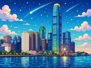 Fototapeta premium Vibrant anime Hong Kong cityscape at night. Tall buildings, a Ferris wheel, and shooting stars sparkle over the tranquil harbor.