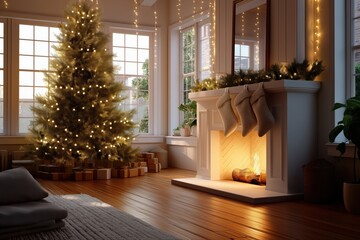 Cozy holiday living room with lit christmas tree and stockings by the fireplace