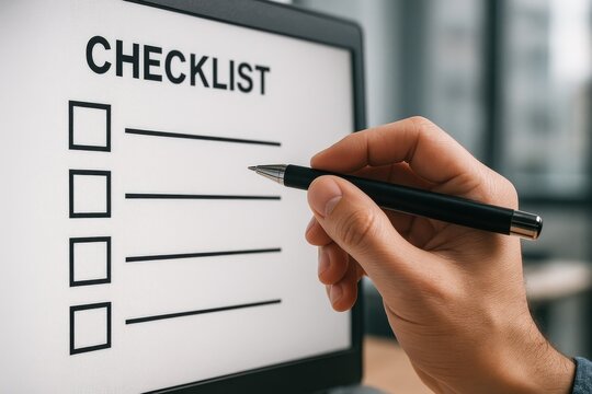 Person using a pen to mark items on a digital checklist displayed on a computer screen. Concept of organization, productivity, and task management in modern workflows. - Powered by Adobe