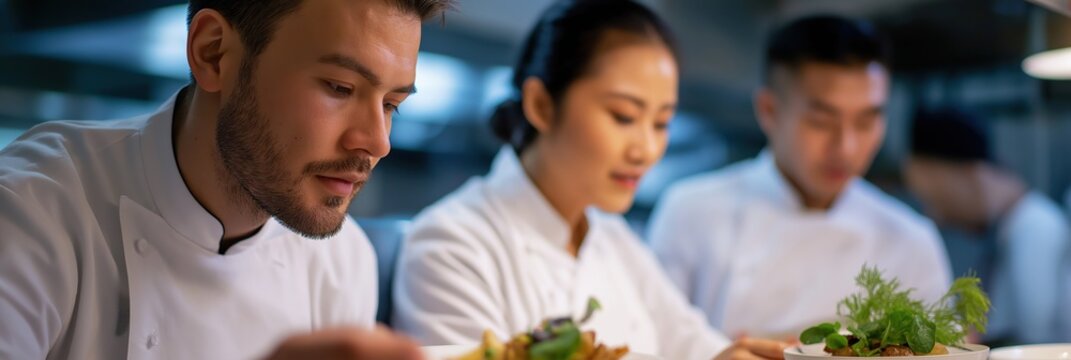 Diverse chefs in a professional kitchen preparing gourmet dishes - Powered by Adobe