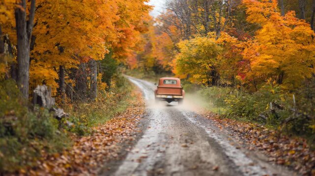 4K Old orange pickup truck driving down a dirt road lined with bright orange autumn foliage trees video