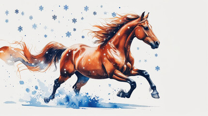 Fototapeta premium Watercolor illustration of a galloping Christmas horse on a white background. Delicate snowflakes are hovering around. Bright strokes convey the joy and spirit of the holiday.