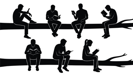 Silhouettes of people reading books sitting on tree branches in a serene setting