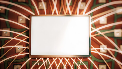 Modern tablet displayed on intricate background