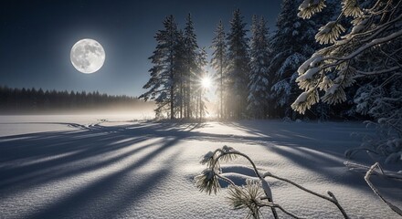Ethereal winter landscape with moon and sun